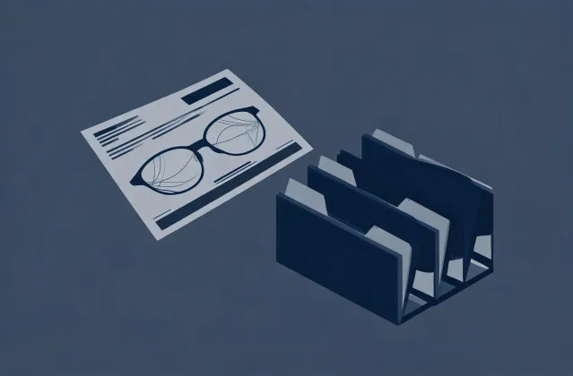 Illustration of a progressive lenses specification brief handing off to quotation folders