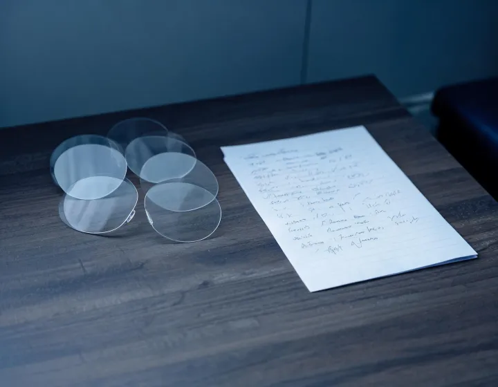 Unlabeled progressive lenses beside a written procurement brief